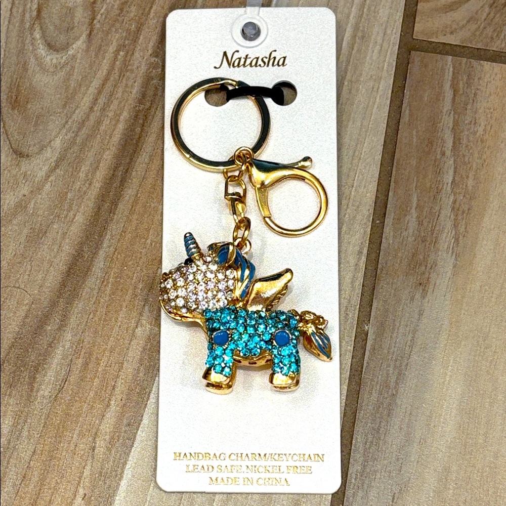 NWT Natasha Gold and Blue Unicorn Keychain / bag charm